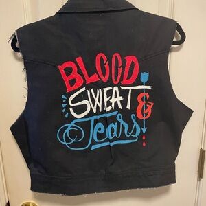 Charlotte Russe Hand Painted Distressed Black Denim Vest Blood, Sweat & Tears